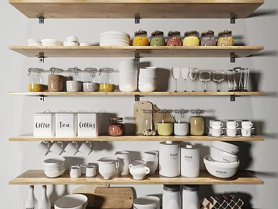 Kitchen Tableware Set Display On Wooden Shelves With Bowls Cups Glasses Coffee Tea Sugar Jars 3d model