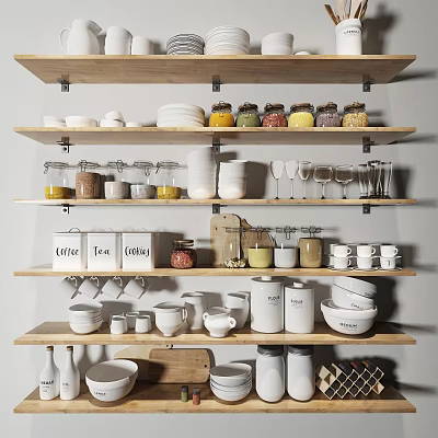 Kitchen Tableware Set Display On Wooden Shelves With Bowls Cups Glasses Coffee Tea Sugar Jars 3d model