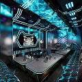 Luxurious Modern Private Dining Room Interior With Blue Lighting Round Table And Large Digital Screen 3d model