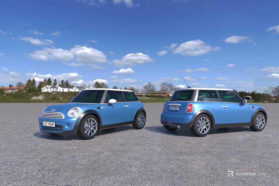 Two Blue Mini Cars Parked In Open Area With Blue Sky And White Clouds 3d model 