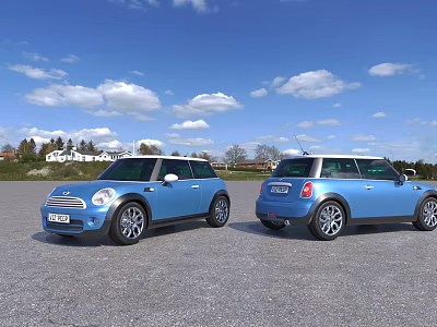 Two Blue Mini Cars Parked In Open Area With Blue Sky And White Clouds 3d model
