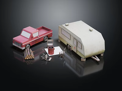 Camping Scene With Red Truck White Trailer Firewood Chairs And Barrel 3d model