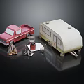 Camping Scene With Red Truck White Trailer Firewood Chairs And Barrel