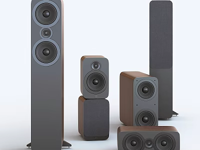 Modern Home Audio Speakers System With Floor Standing And Bookshelf Designs In Gray Brown 3d model