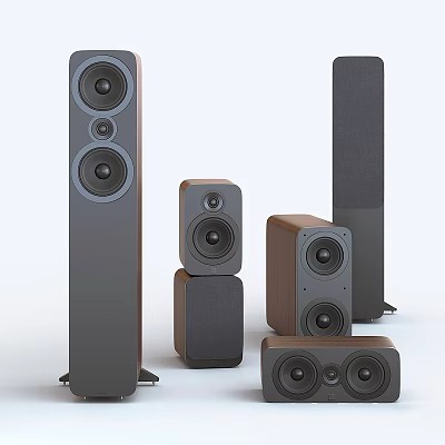 Modern Home Audio Speakers System With Floor Standing And Bookshelf Designs In Gray Brown 3d model