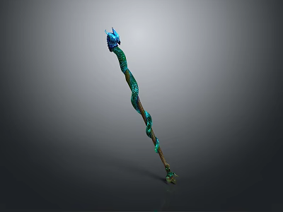 Enchanted Magic Staff With Blue Dragon Head Green Spiral Patterns And Brown Wooden Base 3d model