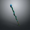 Enchanted Magic Staff With Blue Dragon Head Green Spiral Patterns And Brown Wooden Base