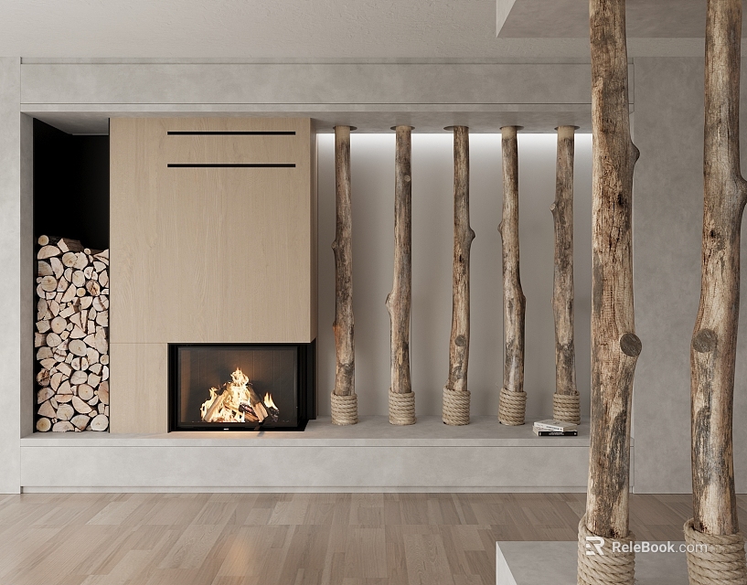 Modern Interior Design With Fireplace Wood Stack And Decorative Wooden Logs 3d model 