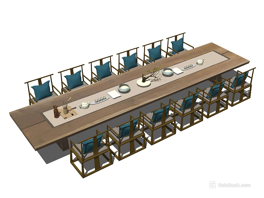 Wooden Long Tea Table With Blue Cushioned Chairs And Tea Sets 3d model 