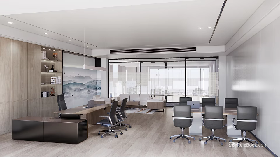 Modern Office Interior With Wooden Desk Black Office Chairs Large Glass Windows And Landscape Painting 3d model 