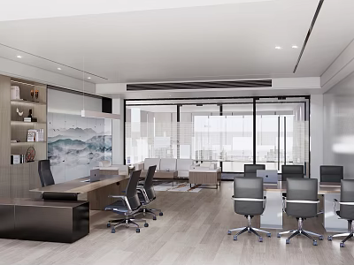 Modern Office Interior With Wooden Desk Black Office Chairs Large Glass Windows And Landscape Painting 3d model