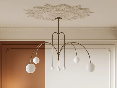 Modern Chandelier with White Globe Lights Curved Metal Frame and Decorative Ceiling Medallion in Interior 3d model