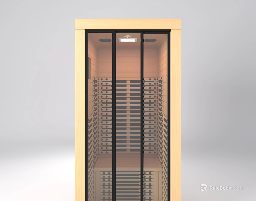 Modern Wooden Shower Sauna Interior With Glass Door And Wooden Slats 3d model 