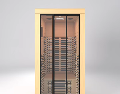 Modern Wooden Shower Sauna Interior With Glass Door And Wooden Slats 3d model