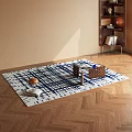 Square Rug With Blue White Geometric Lines On Herringbone Wooden Floor With Side Table Lamp