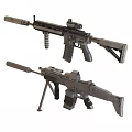 Camouflaged Tactical Rifle And Gray Military Machine Gun With Silencer Tripod And Accessories