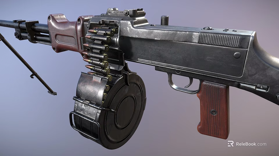 Vintage Submachine Gun With Drum Magazine And Wooden Grip Tactical Design 3d model 