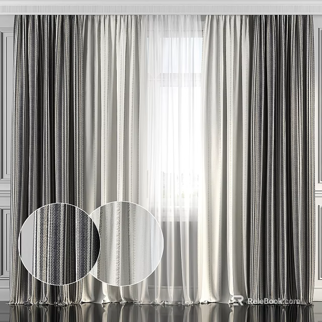 Modern Striped Curtains With Sheer And Thick Layers For Window Interior 3d model