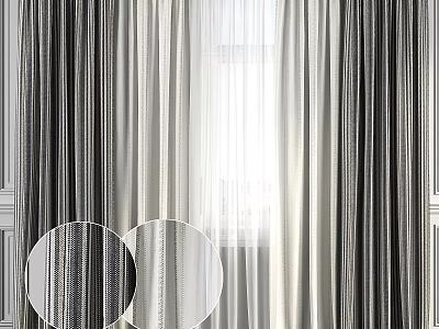 Modern Striped Curtains With Sheer And Thick Layers For Window Interior 3d model
