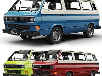 Vintage Vans With Blue Green Red Colors Displaying Classic Design And Retro Appeal 3d model