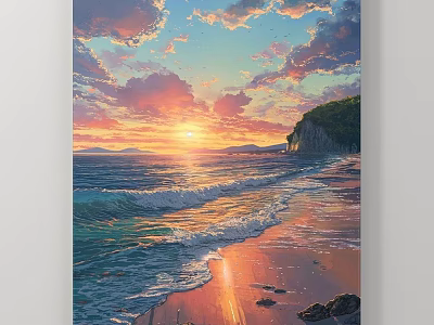 Sunset Ocean Beach Landscape Painting with Rolling Waves Golden Light Cliff and Clouds 3d model