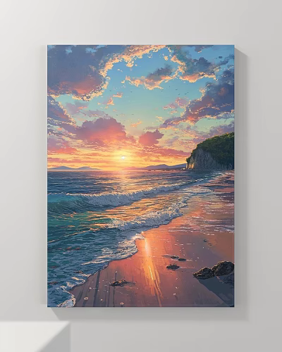 Sunset Ocean Beach Landscape Painting with Rolling Waves Golden Light Cliff and Clouds 3d model