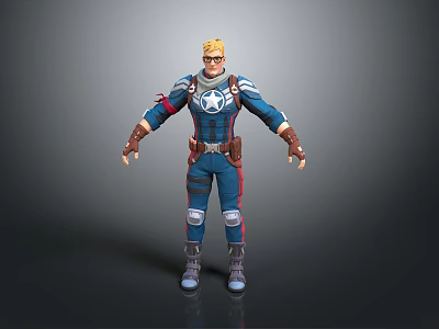 3D Superhero Character Model In Blue Uniform With Star Emblem And Brown Gloves 3d model