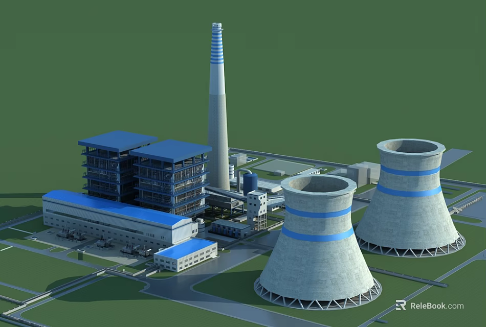 Large Industrial Plant With Cooling Towers Chimney And Multi Story Blue Roof Buildings 3d model 