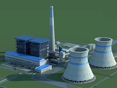 Large Industrial Plant With Cooling Towers Chimney And Multi Story Blue Roof Buildings 3d model