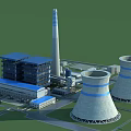 Large Industrial Plant With Cooling Towers Chimney And Multi Story Blue Roof Buildings