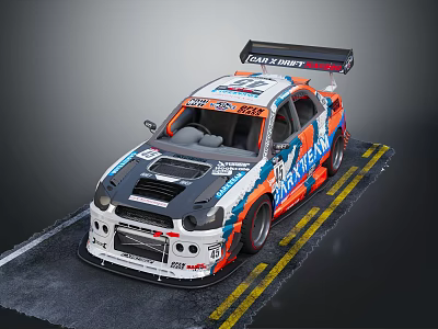 White Racing Car With Blue Orange Graphics Cast Shift Logo On Track With Yellow Lines 3d model