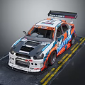White Racing Car With Blue Orange Graphics Cast Shift Logo On Track With Yellow Lines