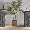 Stone Pedestal Washbasins With Small Tree And Textured Wall In Modern Space
