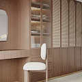 Modern Walk-in Closet With Dark Wooden Cabinets Round Backrest Chair White Curtains And Green Plants