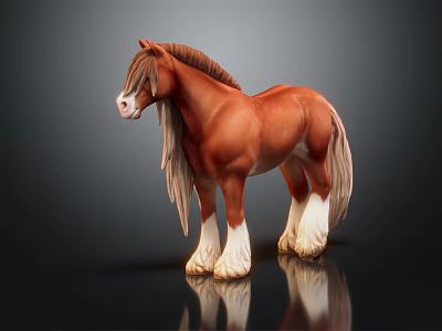 Brown Horse With Long Mane Tail And White Legs On Black Background With Reflection 3d model