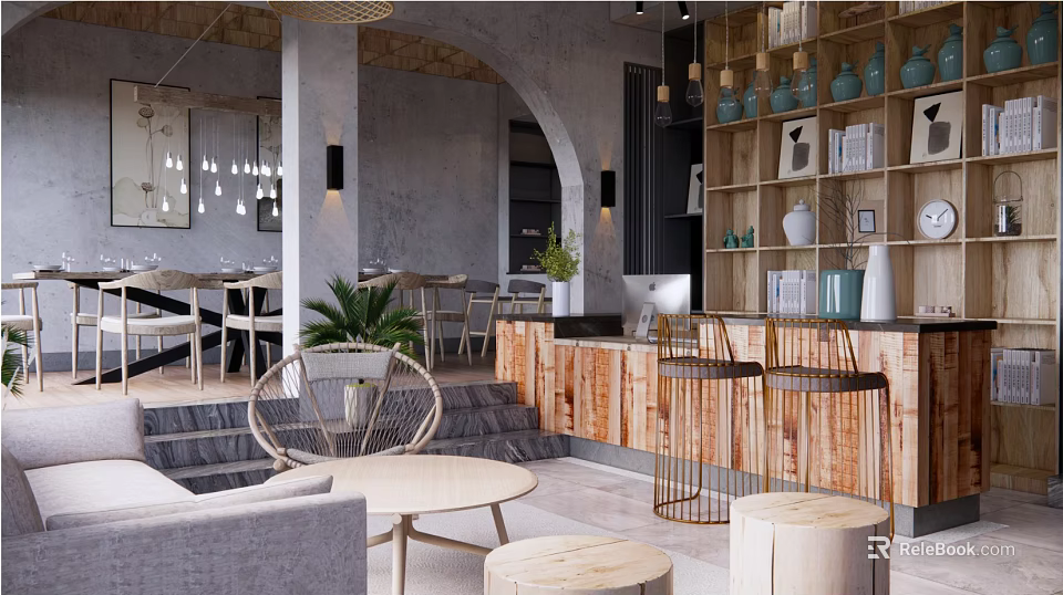 Modern Hotel Lobby Interior With Wooden Counter Decorative Shelves Round Tables And Green Plants 3d model 