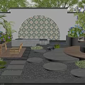 Courtyard Garden Featuring Mosaic Decorative Wall Green Plants Stone Pathways Fire Pit And Colorful Flowers