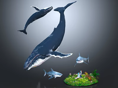 Realistic Aquatic Animals Display Featuring Whales Sharks and Small Green Landscape With Plants 3d model
