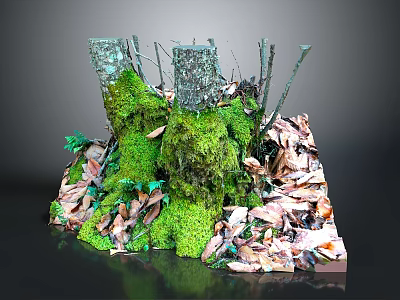 Natural Forest Ground Scene With Tree Stumps Covered In Green Moss And Fallen Leaves 3d model