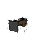 Modern Dark Brown Rectangular Dining Table With Four Brown Chairs Metal Legs And Fruit Tray