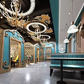Modern Restaurant Interior With Elegant Chandeliers Blue Booth Seats And Decorative Wooden Partitions