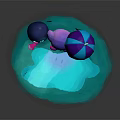Cute Purple And Blue Cartoon Creatures Playing On Glowing Blue Water Area With Colorful Umbrella