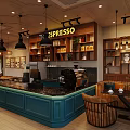 Cozy Espresso Café Interior With Teal Counter Wooden Decor And Pendant Lights