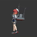 Anime Style Game Character With Red Hair In Sailor Uniform Holding Weapon And Warship Model