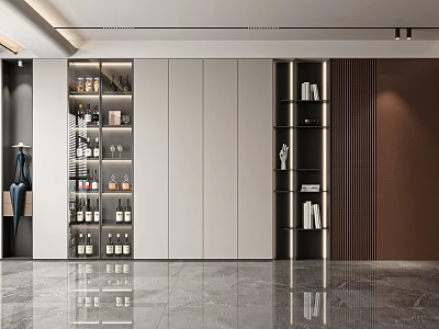 Modern Wine Cabinet Design With White Cabinets And Displayed Wine Bottles 3d model