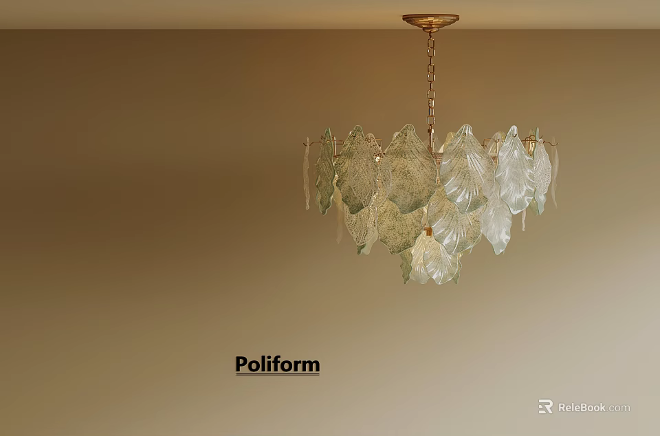 Poliform Modern Chandelier With Leaf Shaped Glass Pieces And Gold Chain 3d model 