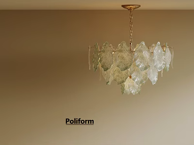 Poliform Modern Chandelier With Leaf Shaped Glass Pieces And Gold Chain 3d model