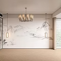 Modern Bedroom Accent Wall With Chinese Ink Painting Chandelier And Wall Lamps