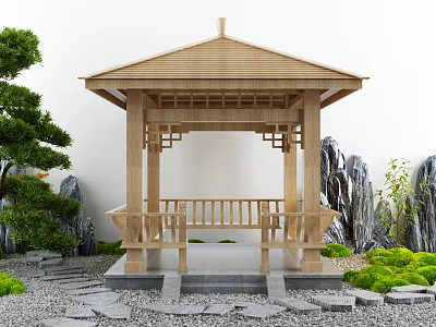 Wooden Garden Pavilion Surrounded By Greenery Stones And Bamboo With Stone Path And Rock Formations 3d model