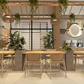 Mall Shop Interior Featuring Wooden Frame Ceiling Hanging Plants Dining Table And Display Cabinets